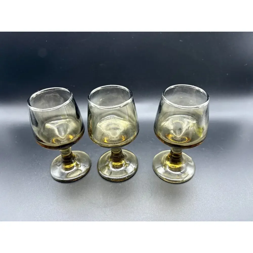 Vtg Small Smoky Brown Glass Cordial Glasses Set of 3 Barware After dinner 3